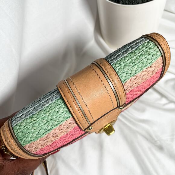 COACH Multicolor Straw Turnock Wristlet Bag Leather Trim Wristlet Rare - Picture 4 of 11